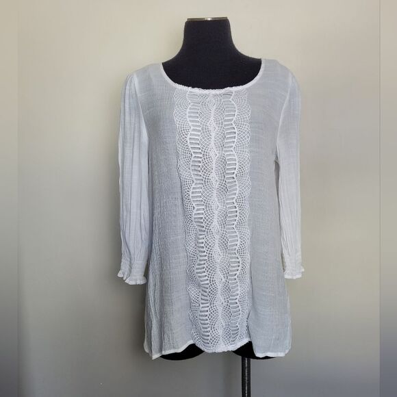 BYDesign White Crochet Blouse Lace Cottage Fairy Peasant Indie Bohemian Medium - Picture 2 of 11